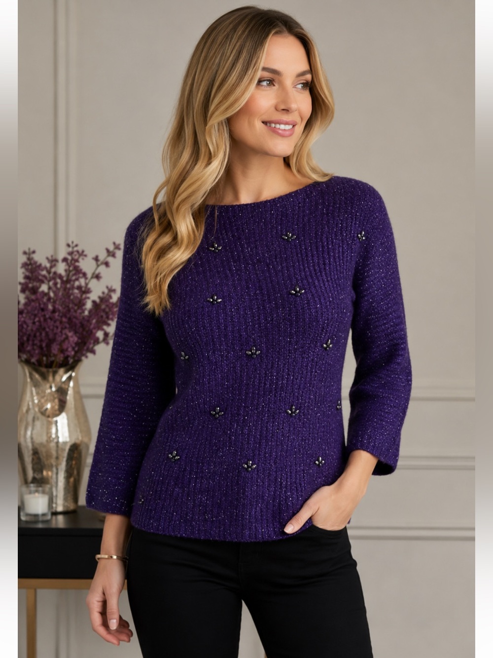 NEW! Ruby Rd. Woman dark purple and black embellished 3/4 sleeve sweater